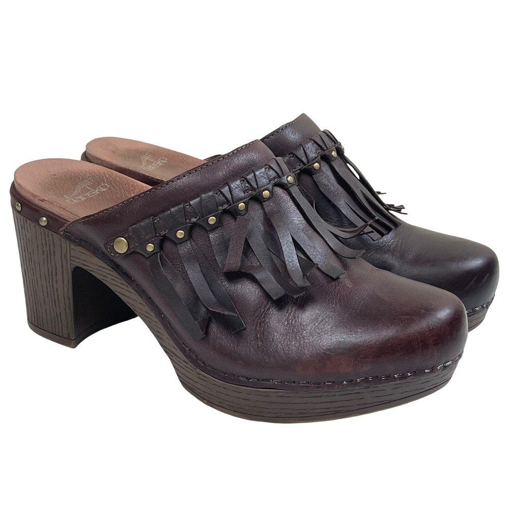 Dansko‎ Deni Fringed Clogs Mules Women 40 Brown Leather Studded Wood Block Boho